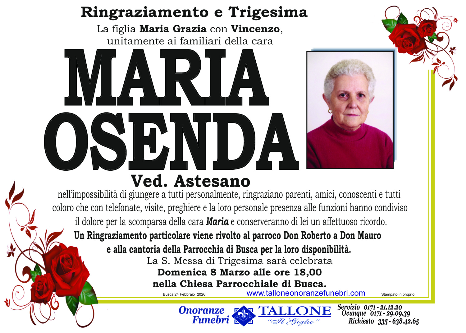 <br />
<b>Warning</b>:  Undefined variable $info in <b>/home/tallone/public_html/ringraziamenti.php</b> on line <b>68</b><br />
Maria Osenda